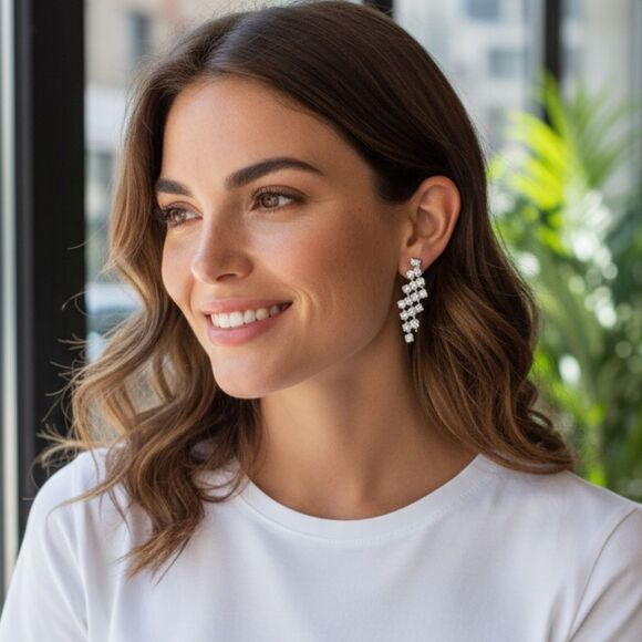 WOMEN’S SILVER RHINESTONE CASCADING STUD EARRINGS – ELEGANT EVENING STYLE - Picture 6 of 12